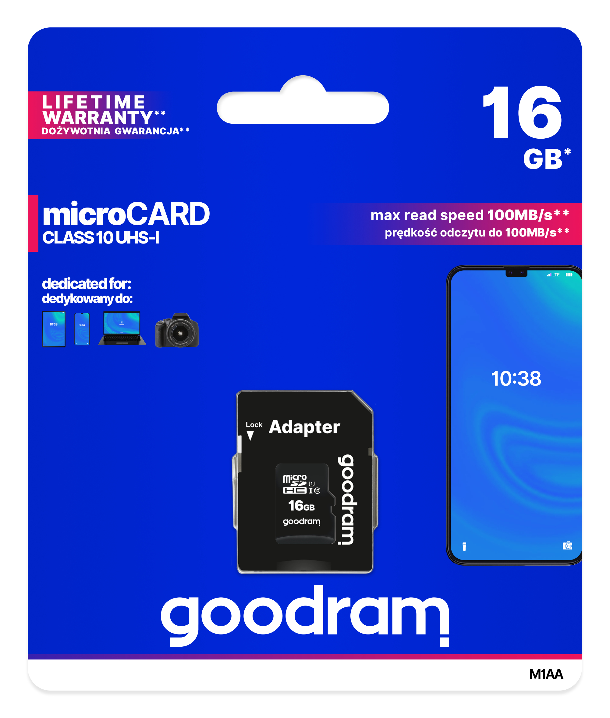 GoodRam M1AA-0160R12 - 16 GB - MicroSDHC - Klasse 10 - UHS-I - 100 MB/s - 10 MB/s