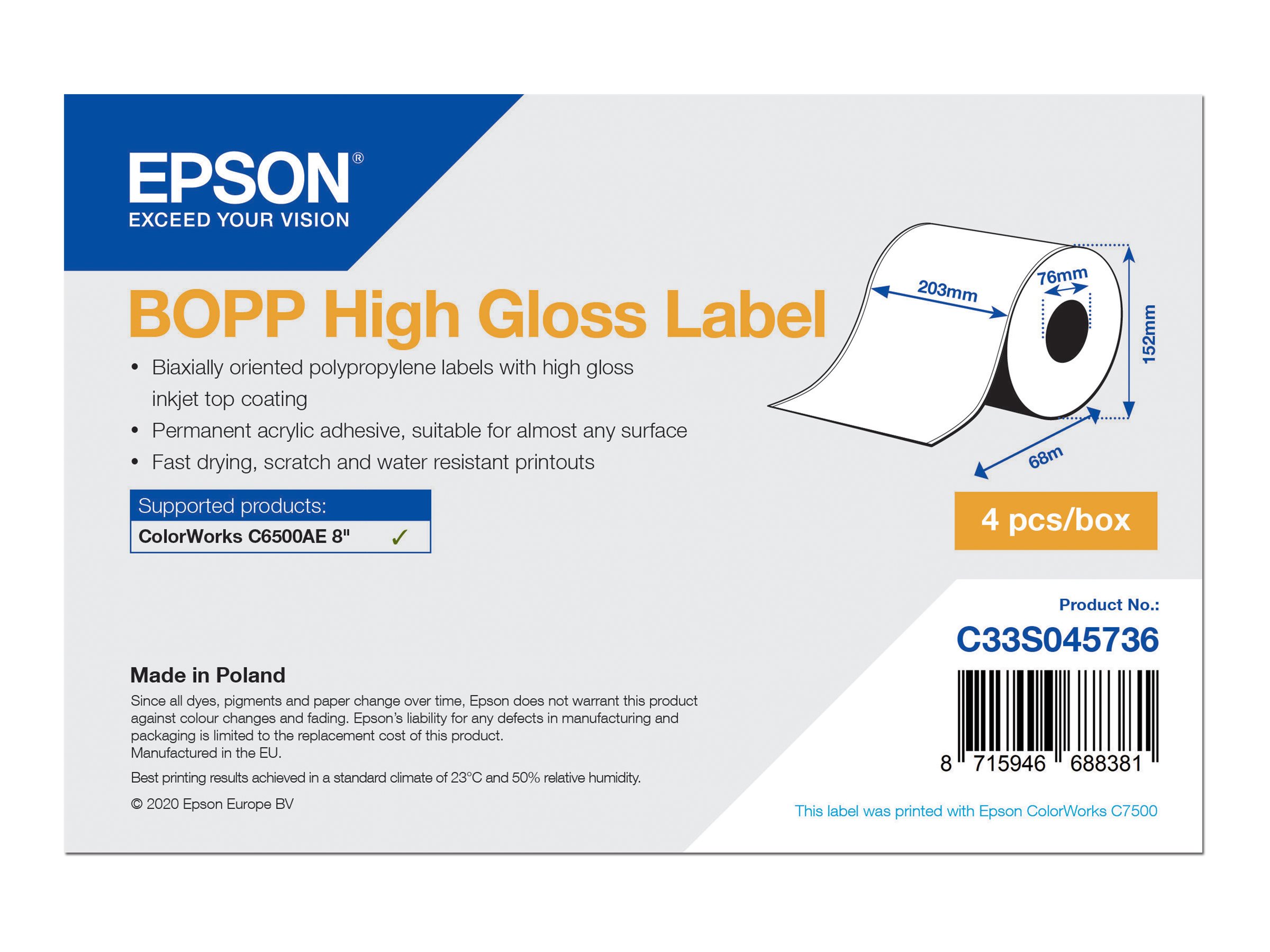 Epson BOPP - Hochglänzend - permanenter Acrylklebstoff - mikroporös - weiß - Rolle (20,3 cm x 68 m)
