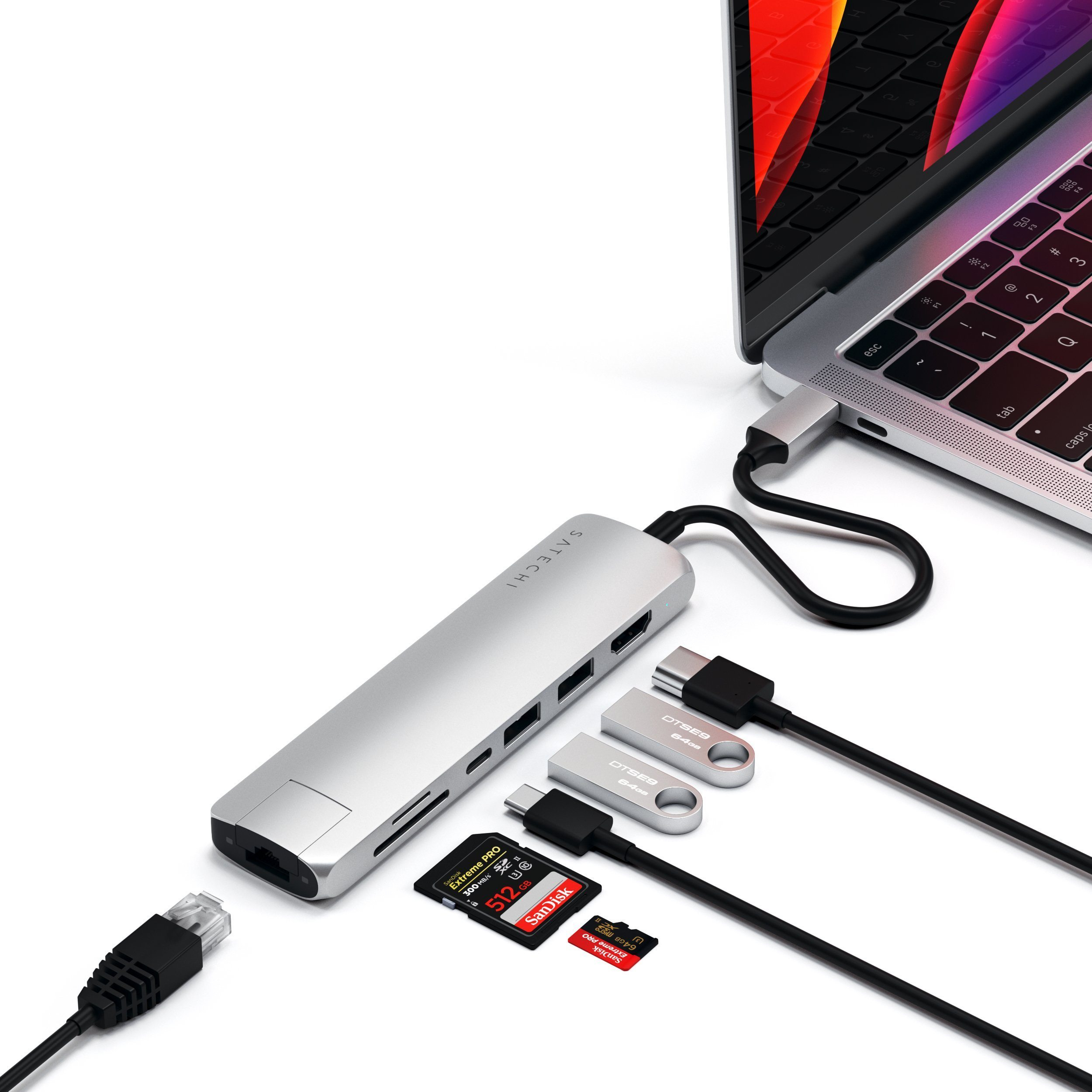Satechi ST-UCSMA3S - USB 3.2 Gen 1 (3.1 Gen 1) Type-C - HDMI,RJ-45,USB 3.2 Gen 1 (3.1 Gen 1) Type-A,USB 3.2 Gen 1 (3.1 Gen 1) Type-C - MicroSD (TransFlash),SD - 5000 Mbit/s - Silber - 60 W
