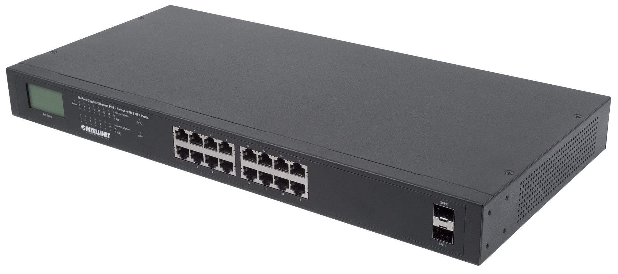 Intellinet 16-Port Gigabit Ethernet PoE+ Switch with 2 SFP Ports, LCD Display, IEEE 802.3at/af Power over Ethernet (PoE+/PoE)