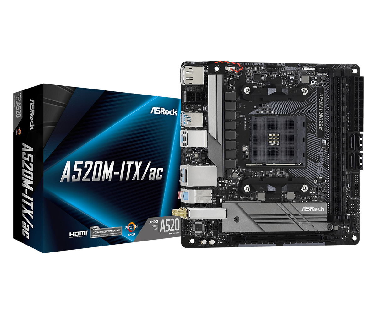ASRock A520M-ITX/ac - Motherboard - Mini-ITX - Socket AM4 - AMD A520 Chipsatz - USB-C Gen1, USB 3.2 Gen 1 - Gigabit LAN, Wi-Fi, Bluetooth - Onboard-Grafik (CPU erforderlich)