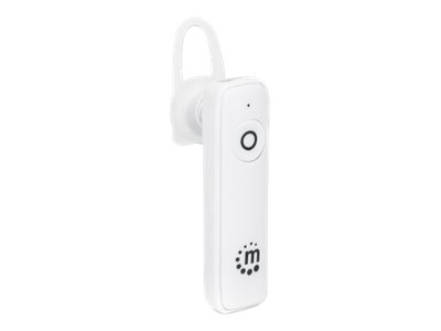 Manhattan Single Ear Bluetooth Headset (Clearance Pricing), Omnidirectional Mic, Integrated Controls, White, 10 hour usage time, Range 10m, USB-A charging cable included, Bluetooth v4.0, 3 year warranty, Boxed