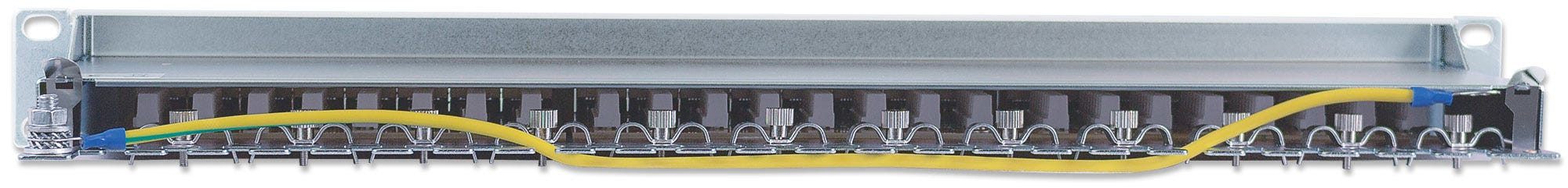 Intellinet 24-Port Cat6 Patchpanel, geschirmt, FTP, 1 HE, Klemmleisten mit 90 Grad abgewinkelten Kabeleinführungen - Patch Panel - CAT 6 - FTP - RJ-45 X 24 - Grau - 1U - 48.3 cm (19")