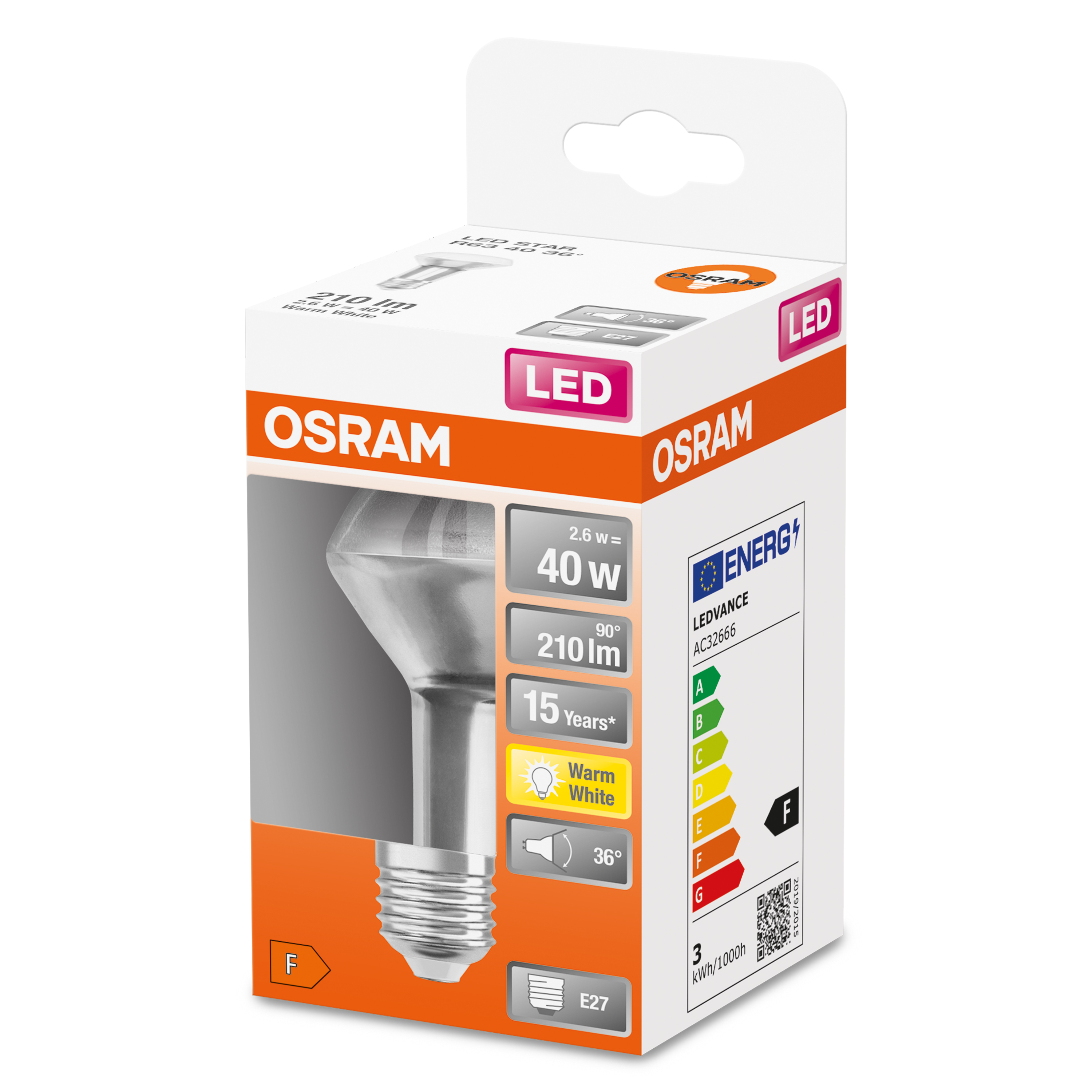 Osram 4058075125964 LED (monocolore) Classe energetica A++ (A++ - E) E27 Riflettore 2.6 W= 40 W Bianco caldo (Ø x L) 63