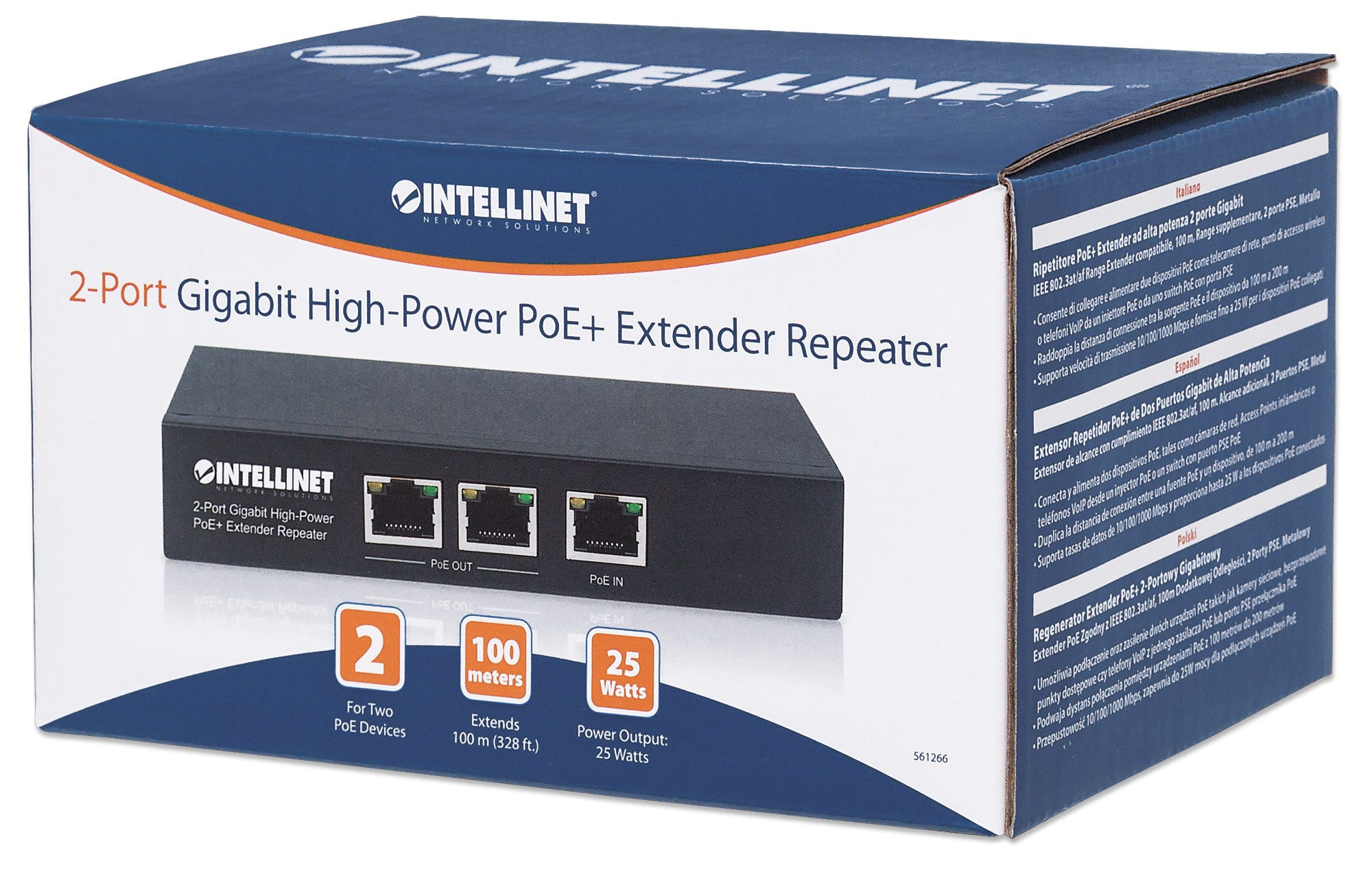 Intellinet 2-Port Gigabit High-Power PoE+ Extender, IEEE 802.3at/af PoE+/PoE, verlängert die Reichweite einer PoE-Verbindung um zusätzliche 100 Meter, 2 PSE-Ports, Metall
