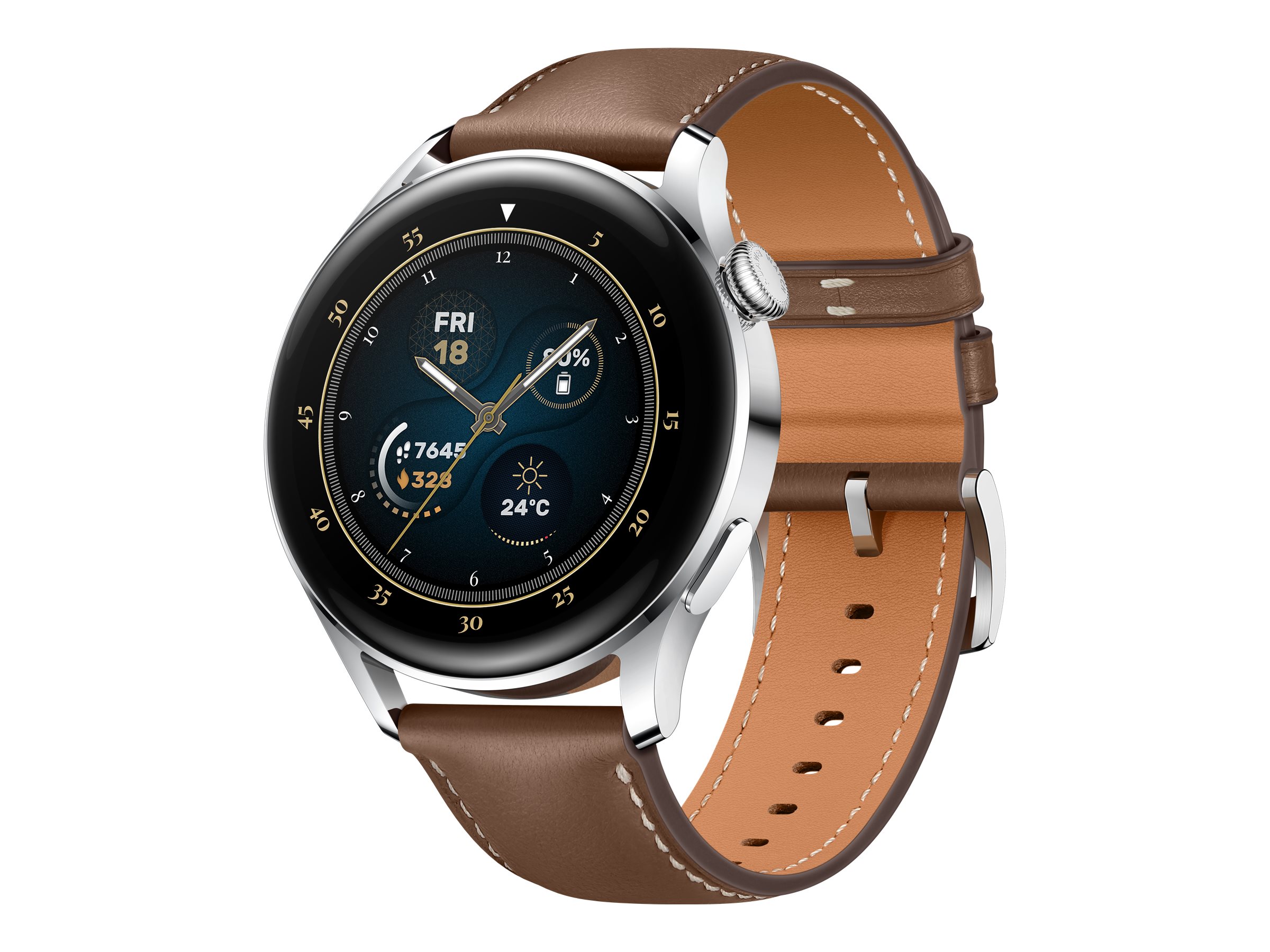 Huawei Watch 3 - Classic Edition - 46 mm - Edelstahl - intelligente Uhr mit Riemen - Leder - braun - Anzeige 3.6 cm (1.43")