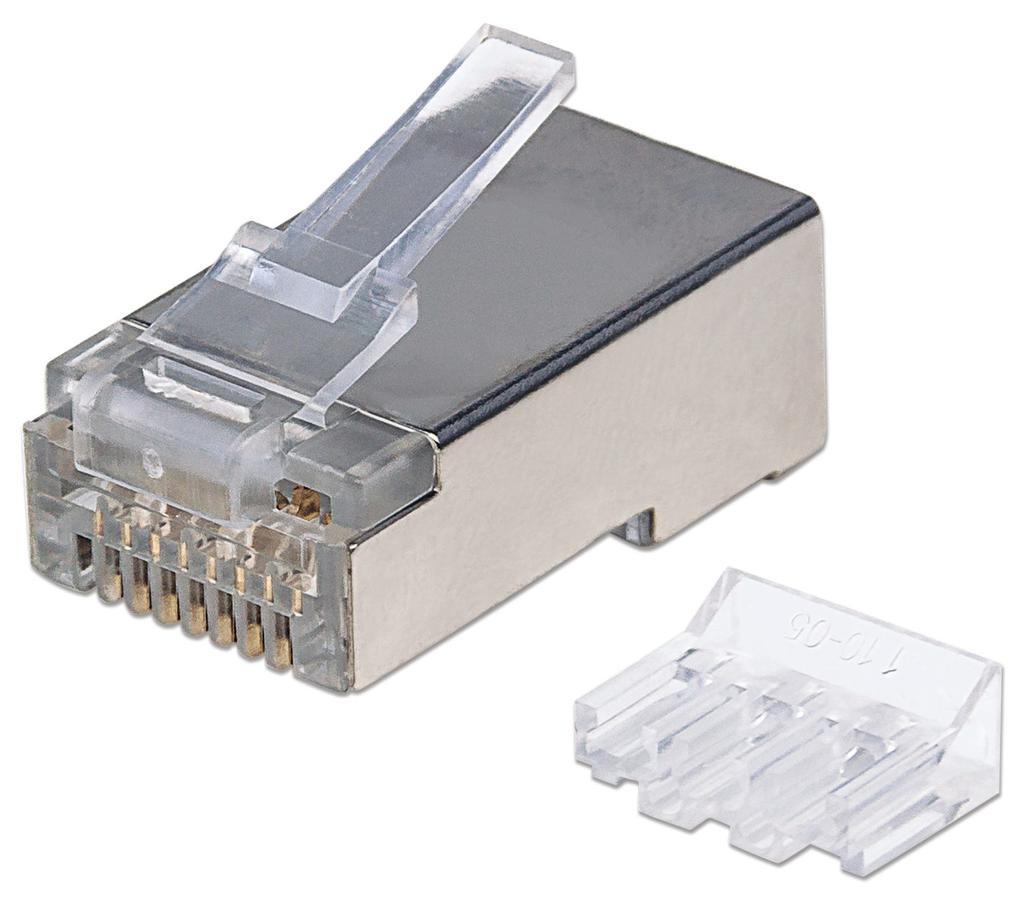 Intellinet 70er-Pack Cat6A RJ45-Modularstecker Pro Line, STP, 3-Punkt-Aderkontaktierung, für Litzen- und Massivdraht, 70 Stecker im Becher, 50 µ vergoldete Kontakte - Netzwerkanschluss - RJ-45 (M)