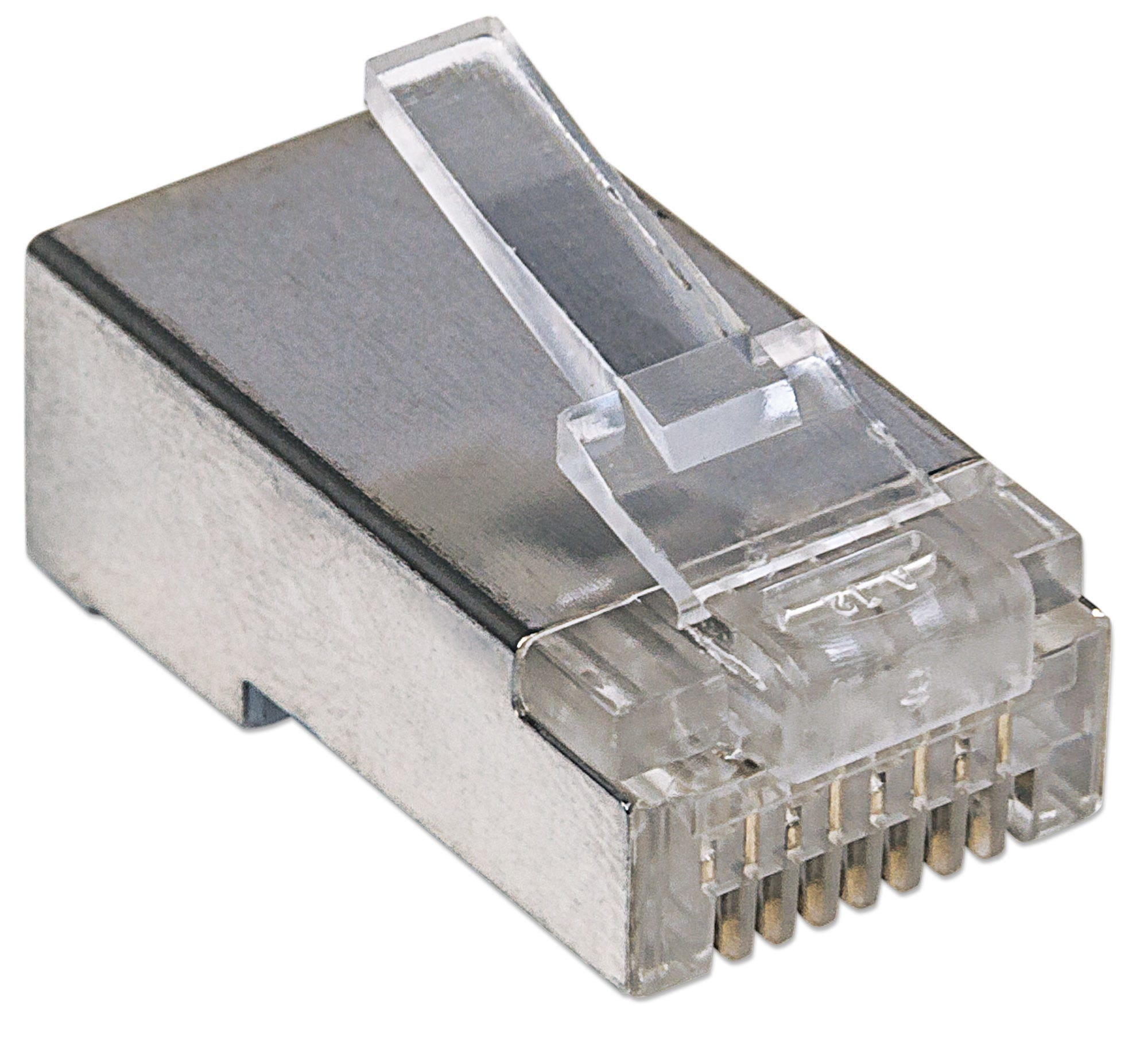 Intellinet 100er-Pack Cat5e RJ45-Modularstecker Pro Line, STP, 3-Punkt-Aderkontaktierung, für Litzen- und Massivdraht, 100 Stecker im Becher, 50 µ vergoldete Kontakte - Netzwerkanschluss - RJ-45 (M)