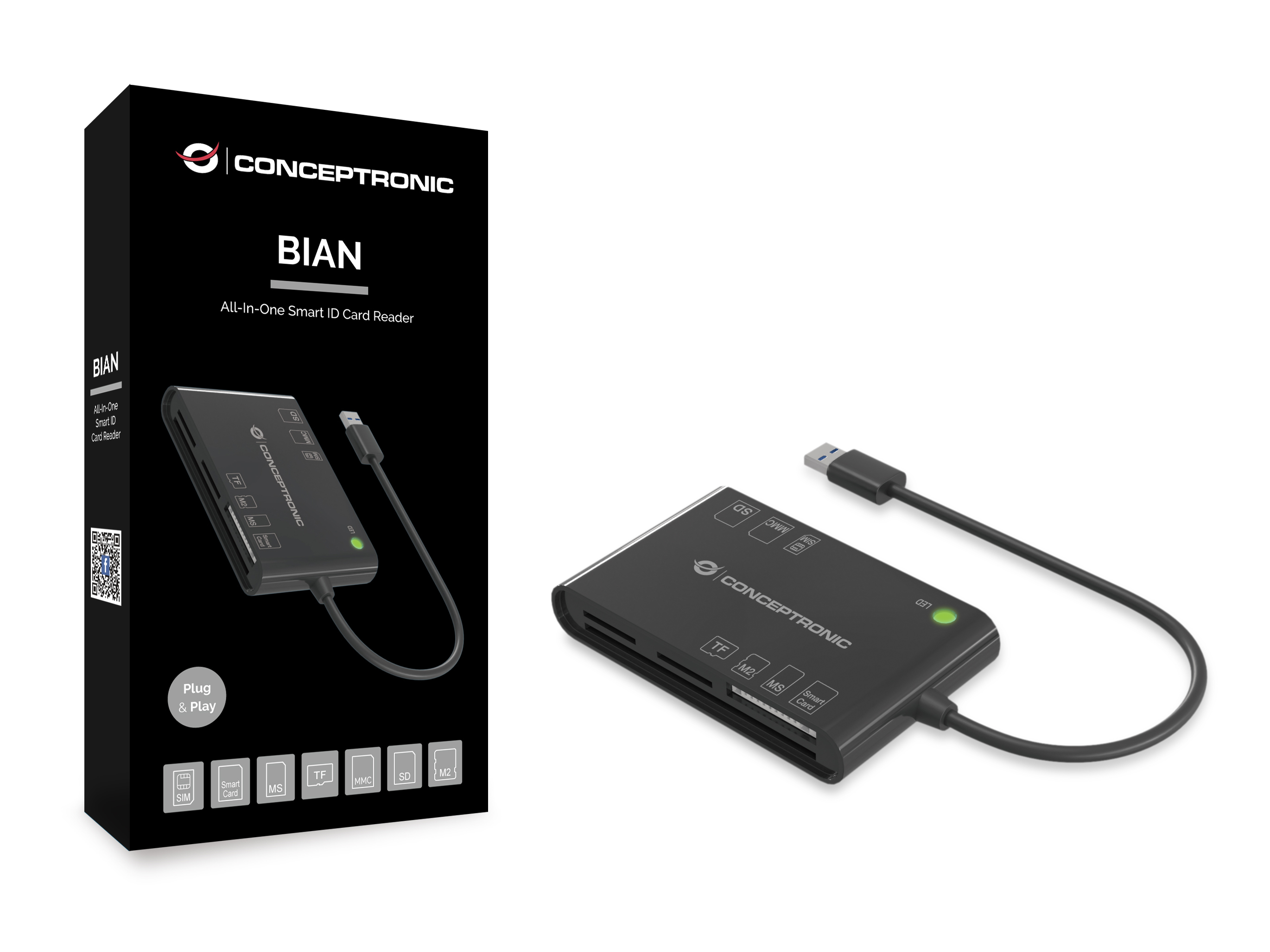 Conceptronic BIAN All-in-One Smart-ID Kartenleser - USB 3.2 Gen 1 (3.1 Gen 1) - Schwarz - 26 g