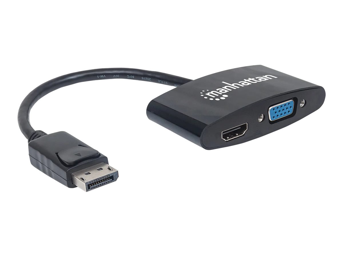 Manhattan DisplayPort 1.2 to HDMI and VGA Adapter Cable, 2-in-1, Male to Female, Black, Equivalent to Startech DP2HDVGA, HDMI 4K@30Hz, VGA 1080p (1920x1200p)