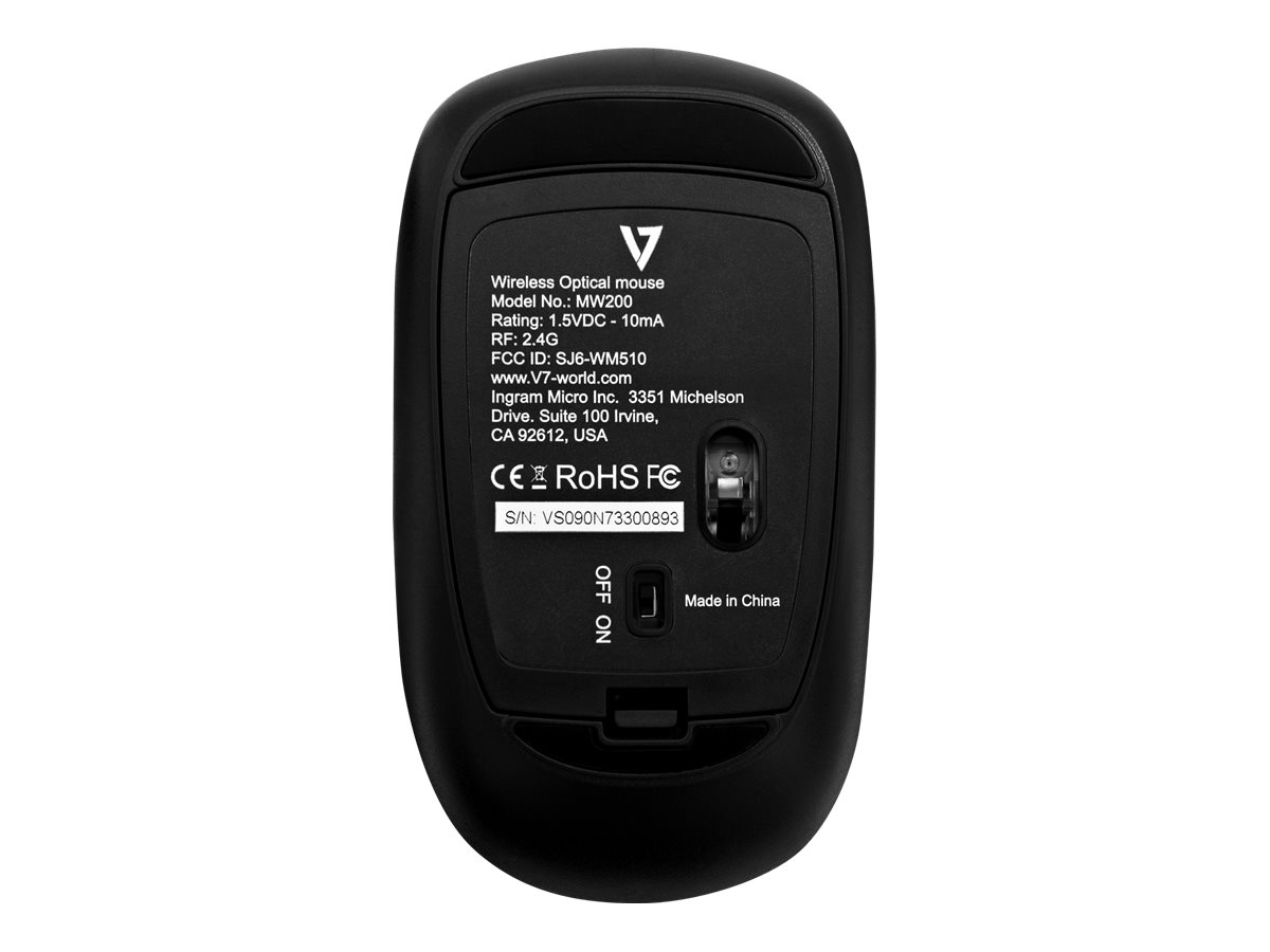 V7 MW200-1E - Maus - rechts- und linkshändig - optisch - 4 Tasten - kabellos - 2.4 GHz - kabelloser Empfänger (USB)