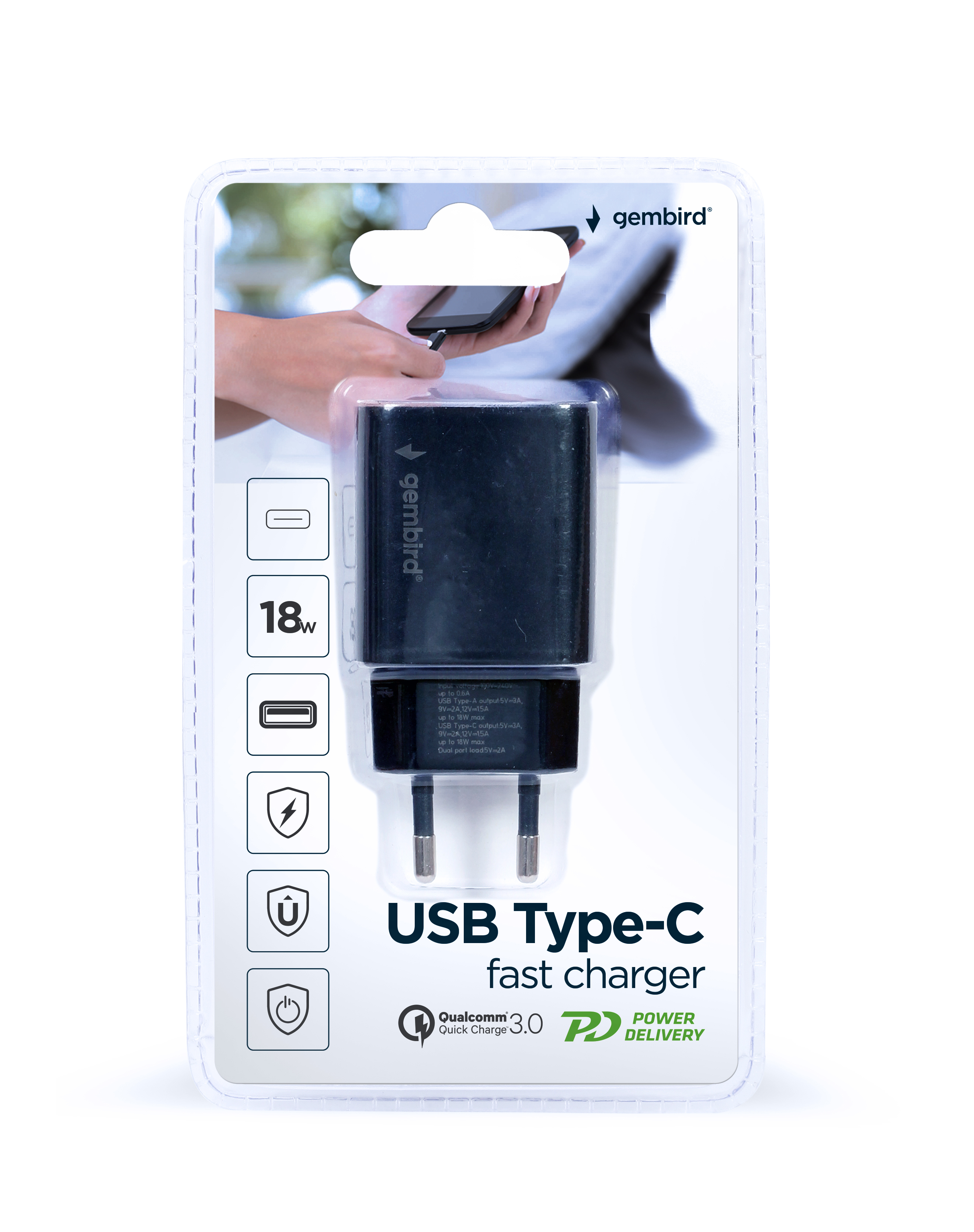 Gembird Netzteil - 18 Watt - PD, QC 3.0 - 2 Ausgabeanschlussstellen (USB, 24 pin USB-C)