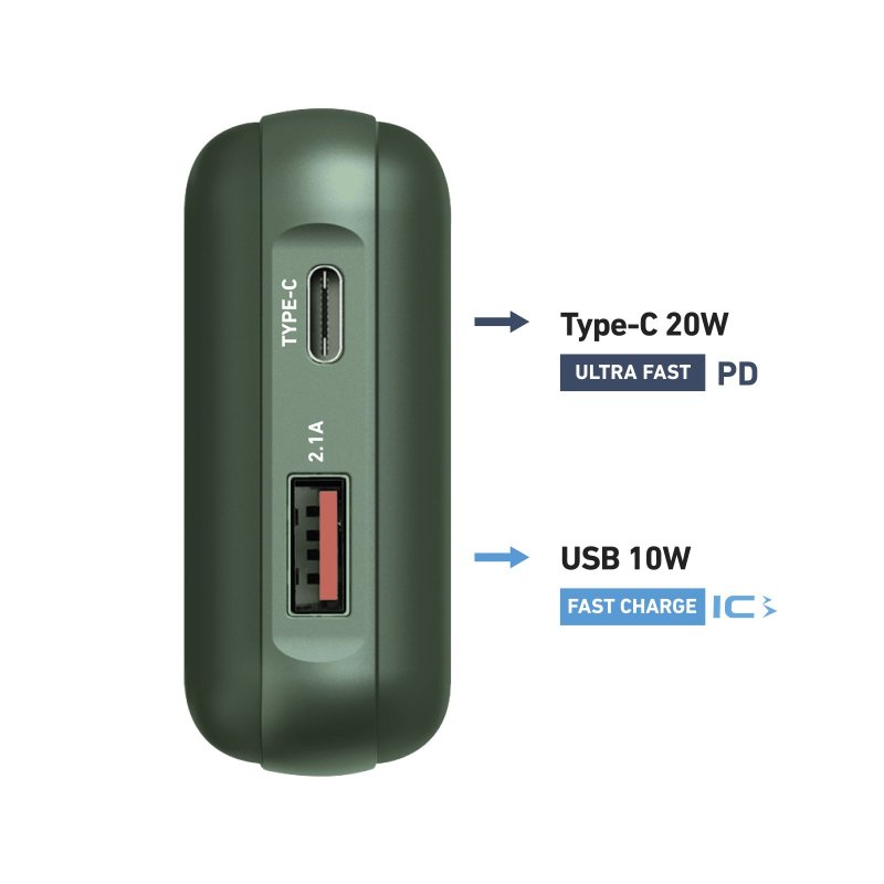SBS Power Bank 10000 mAh USB+Type-C PD 20W By SBS Žalias
