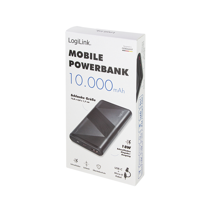 LogiLink Powerbank - 2-in-1 cable - 10000 mAh - 18 Watt - 3 A - PD 2.0, QC 3.0 - 2 Ausgabeanschlussstellen (USB Typ A, 24 pin USB-C)