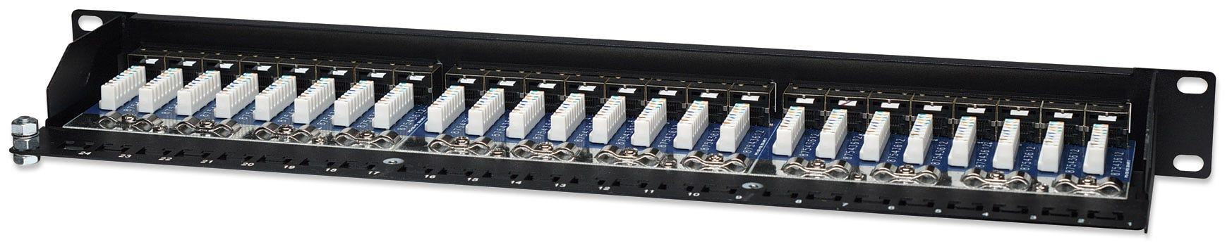 Intellinet 24-Port Cat5e Patchpanel, geschirmt, FTP, 19", 1 HE, Klemmleisten mit 90 Grad abgewinkelten Kabeleinführungen - Patch Panel - RJ-45 X 24 - Schwarz - 1U - 48.3 cm (19")