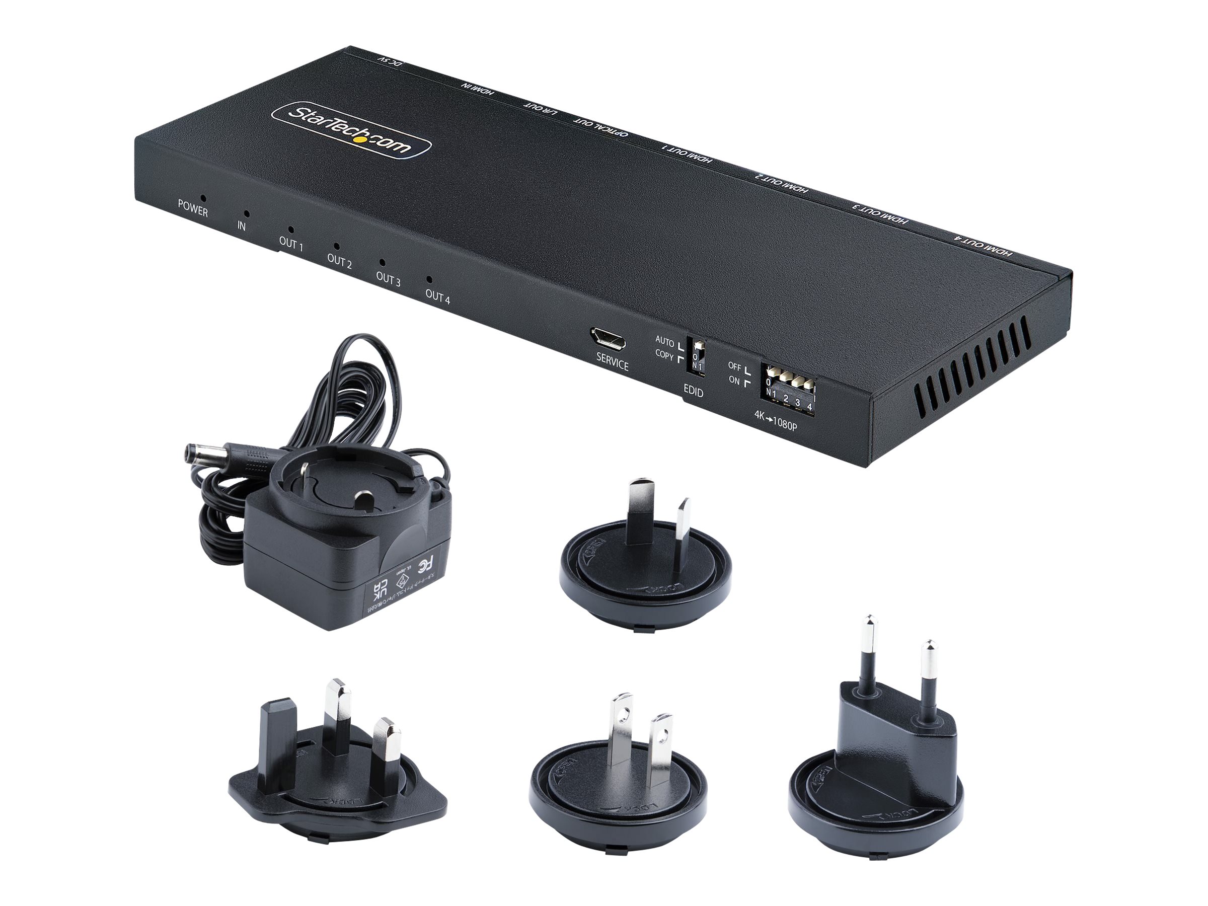 StarTech.com 4-Port HDMI Splitter, 4K 60Hz HDMI 2.0 Video, 1 In 4 Out HDMI Splitter, 4K HDMI Splitter w/Built-in Scaler, 3.5mm/Optical Audio Port, Durable Metal Housing, HDR/HDCP - 1x4 HDMI Display/Output Splitter (HDMI-SPLITTER-44K60S)
