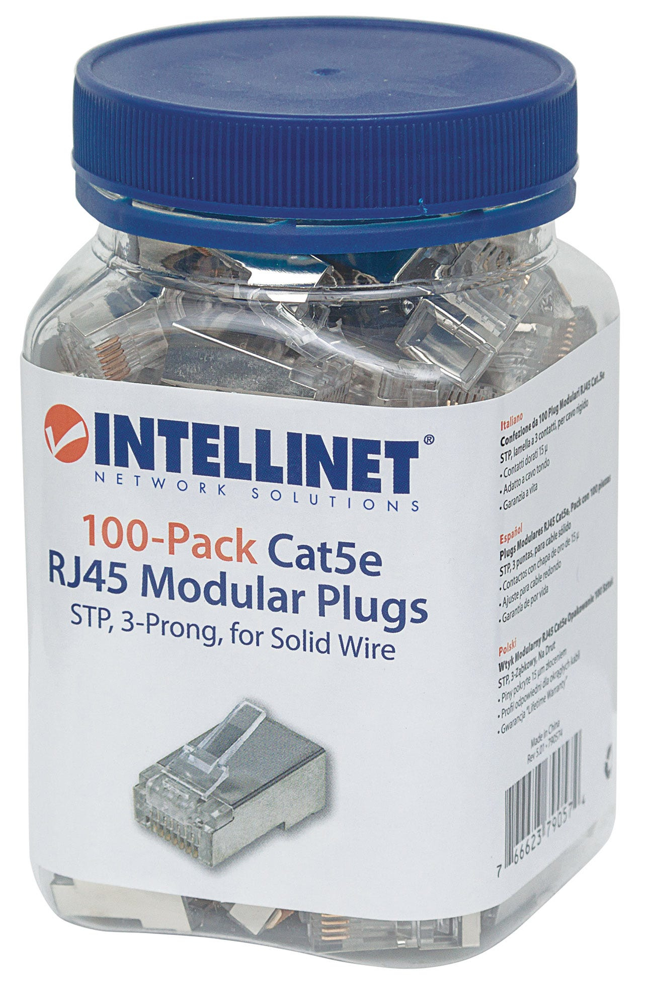 Intellinet 100er-Pack Cat5e RJ45-Modularstecker, STP, 3-Punkt-Aderkontaktierung, für Massivdraht, 100 Stecker im Becher - Netzwerkanschluss - RJ-45 (M)