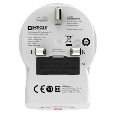 SKROSS Country Travel Adapter Europe to UK USB - Netzteiladapter mit USB-Ladegerät - Typ G (M)