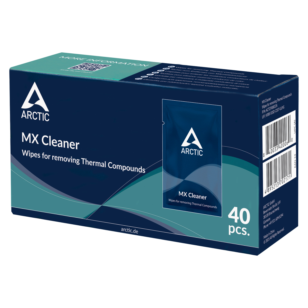 Arctic MX Cleaner - Reinigungstücher zum Entfernen von Wärmeleitpaste (40 Stück) - CPU - Kühlkörper - 52 mm - 147 mm - 82 mm - 211 g - Box