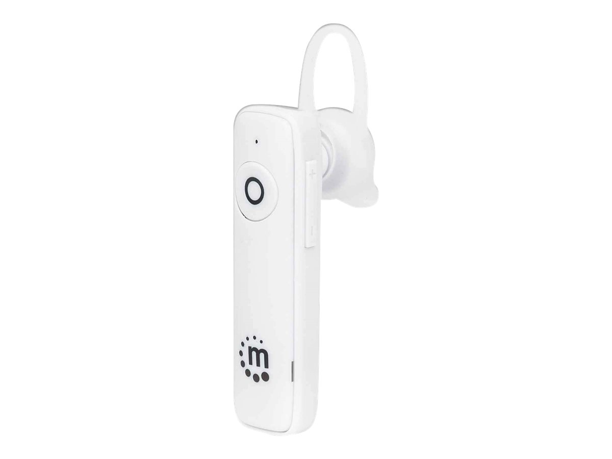 Manhattan Single Ear Bluetooth Headset (Clearance Pricing), Omnidirectional Mic, Integrated Controls, White, 10 hour usage time, Range 10m, USB-A charging cable included, Bluetooth v4.0, 3 year warranty, Boxed