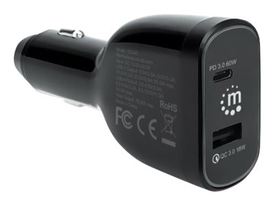 Manhattan Car/Auto Charger, USB-C & USB-A Outputs, USB-C Power Delivery up to 60W, USB-A Charging up to 18W (QC 3.0)