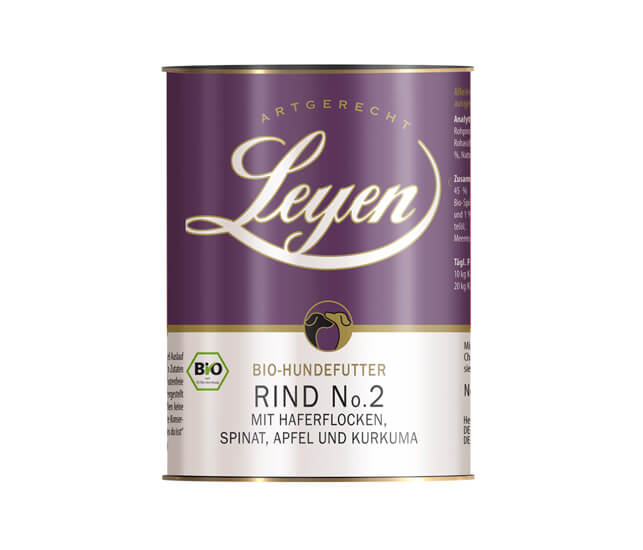 Leyen Rind No. 2 mit Haferflocken, Spinat, Apfel und Kurkuma Single-Protein BIO-Nassfutter für Hunde