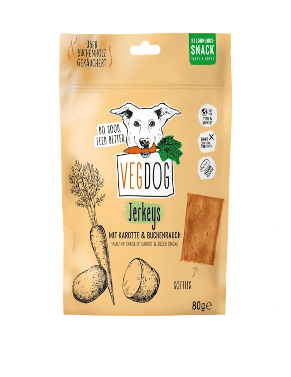 VegDog JERKEYS - Snack mit Karotte und Buchenrauch