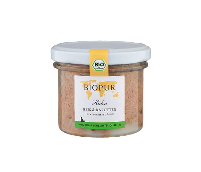 Biopur Huhn, Reis & Karotten im Glas