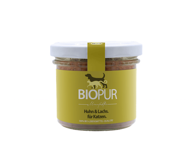 Biopur Premiumglas für Katzen Huhn & Lachs mit Karotten & Katzenminze