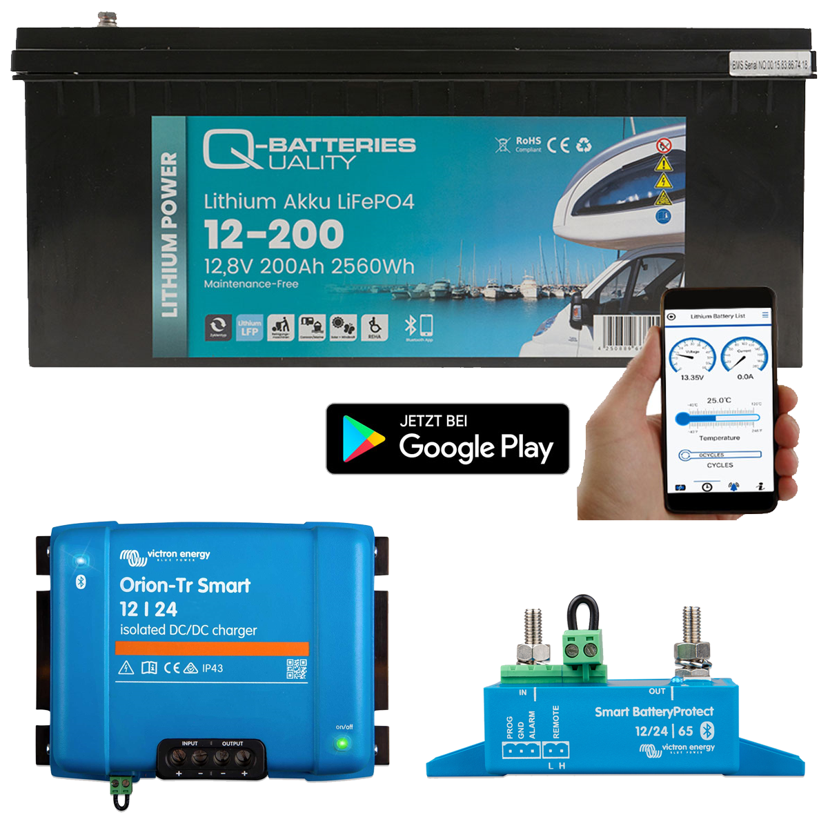 Q-Batteries Lithium Akku 12,8V 200Ah mit Victron Orion-Tr 12/12-10A DC/DC