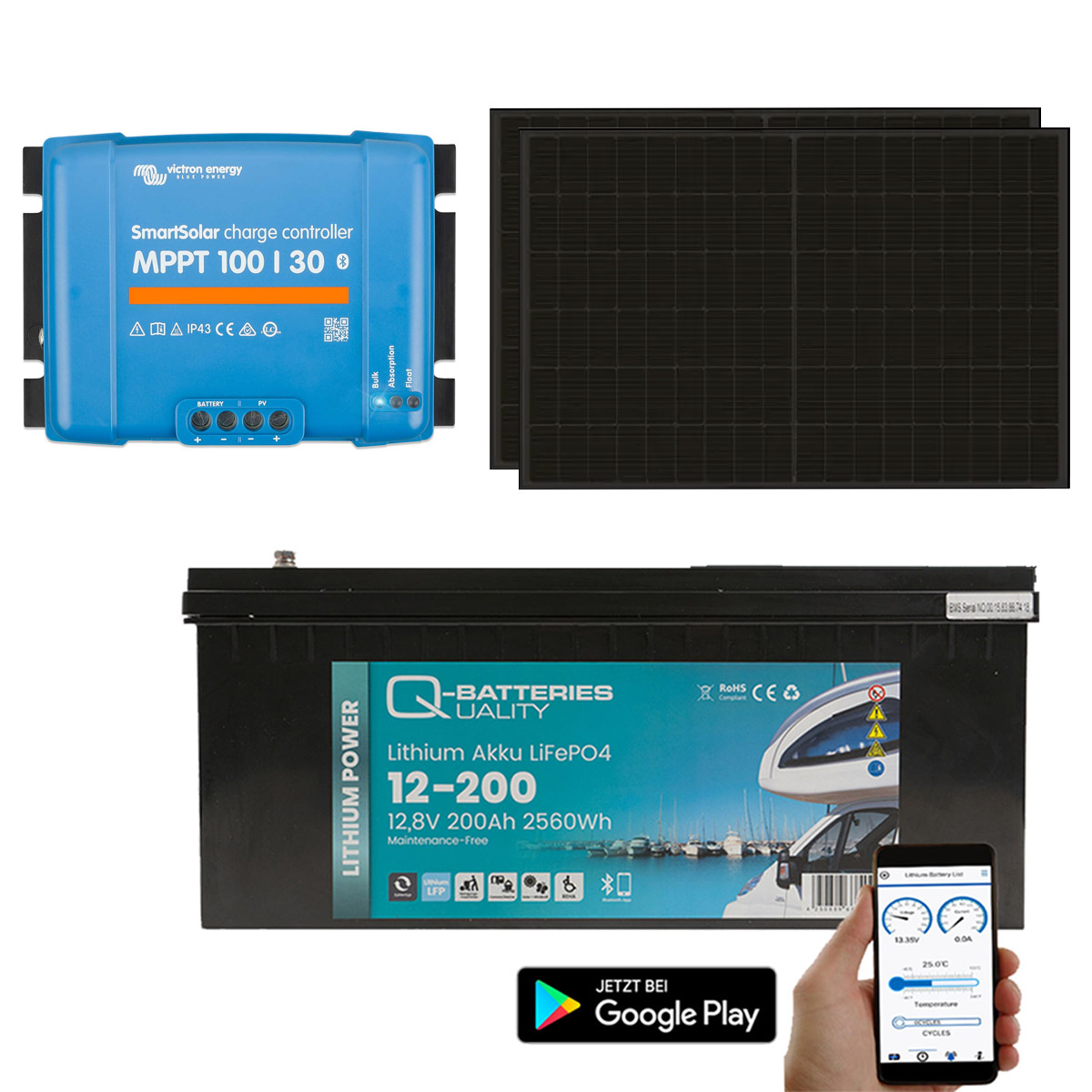 Inselanlage PV 800Wp 24V mit 2,4kWh Lithium LiFePO4 Speicher