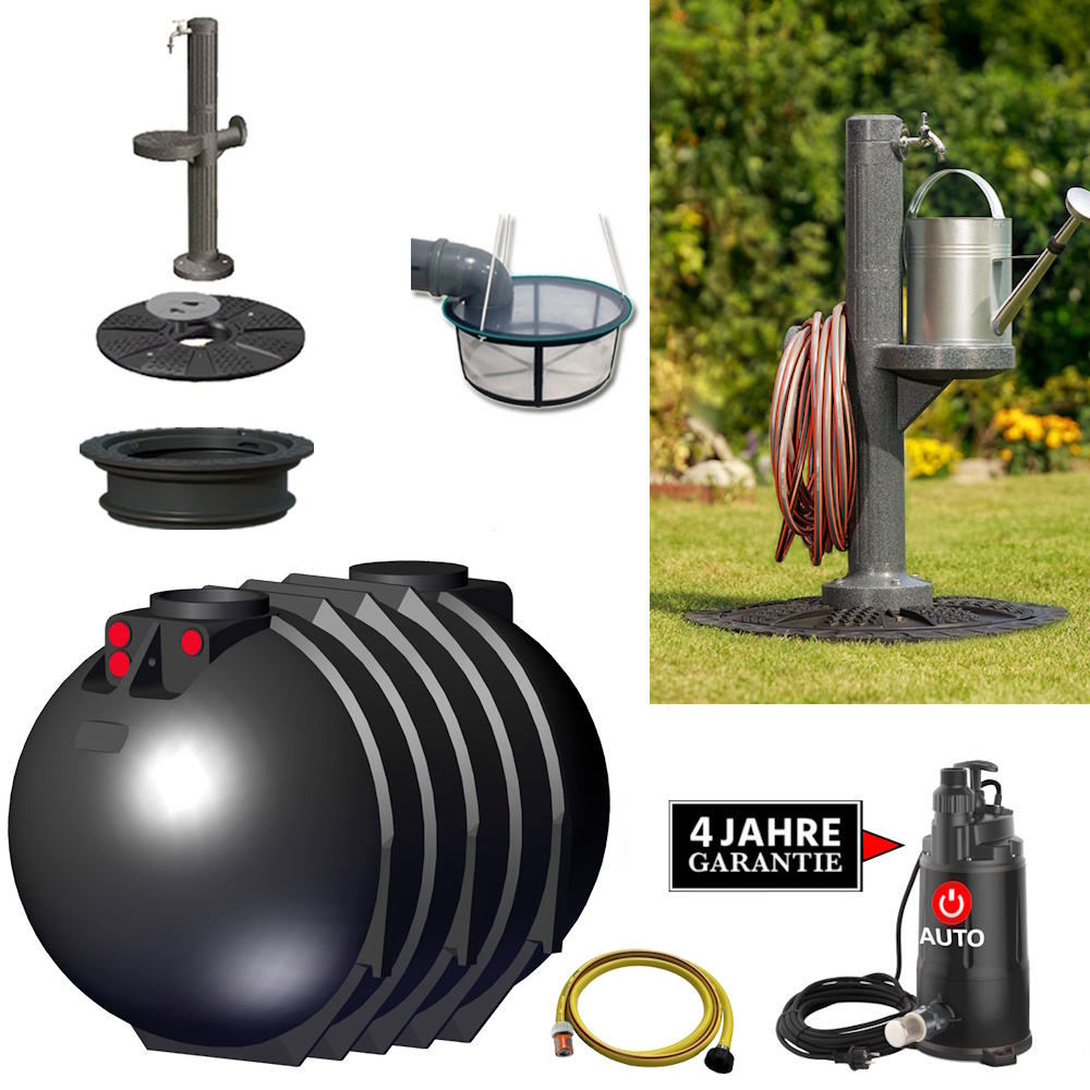 eine schwarze kunststoffzisterne mit kunststoffzapfsäule, schlauch, deckel. schacht, filter und pumpe