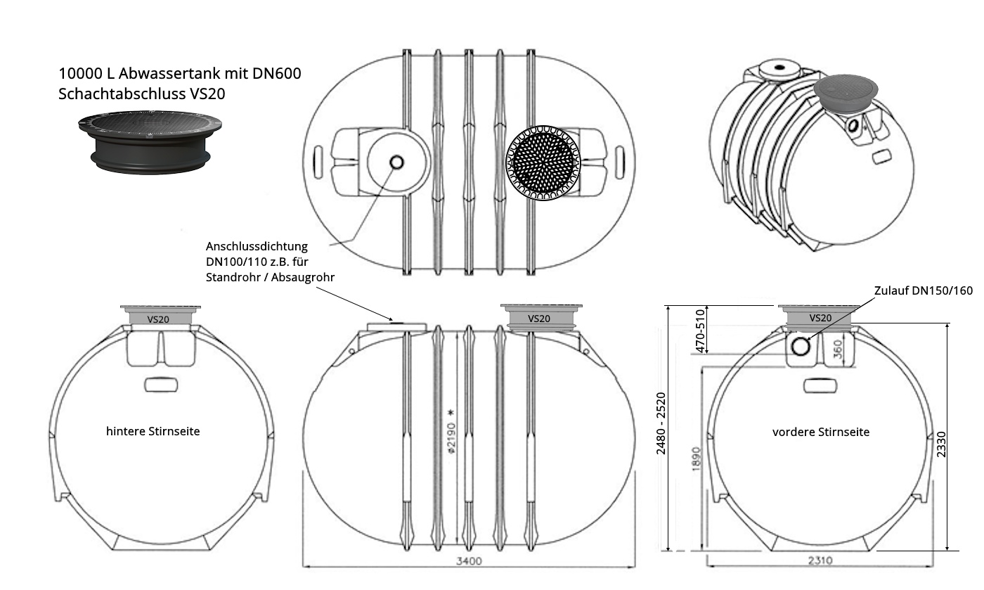 10000 L Abwassertank DIBT-Zulassung-Schacht 20 cm