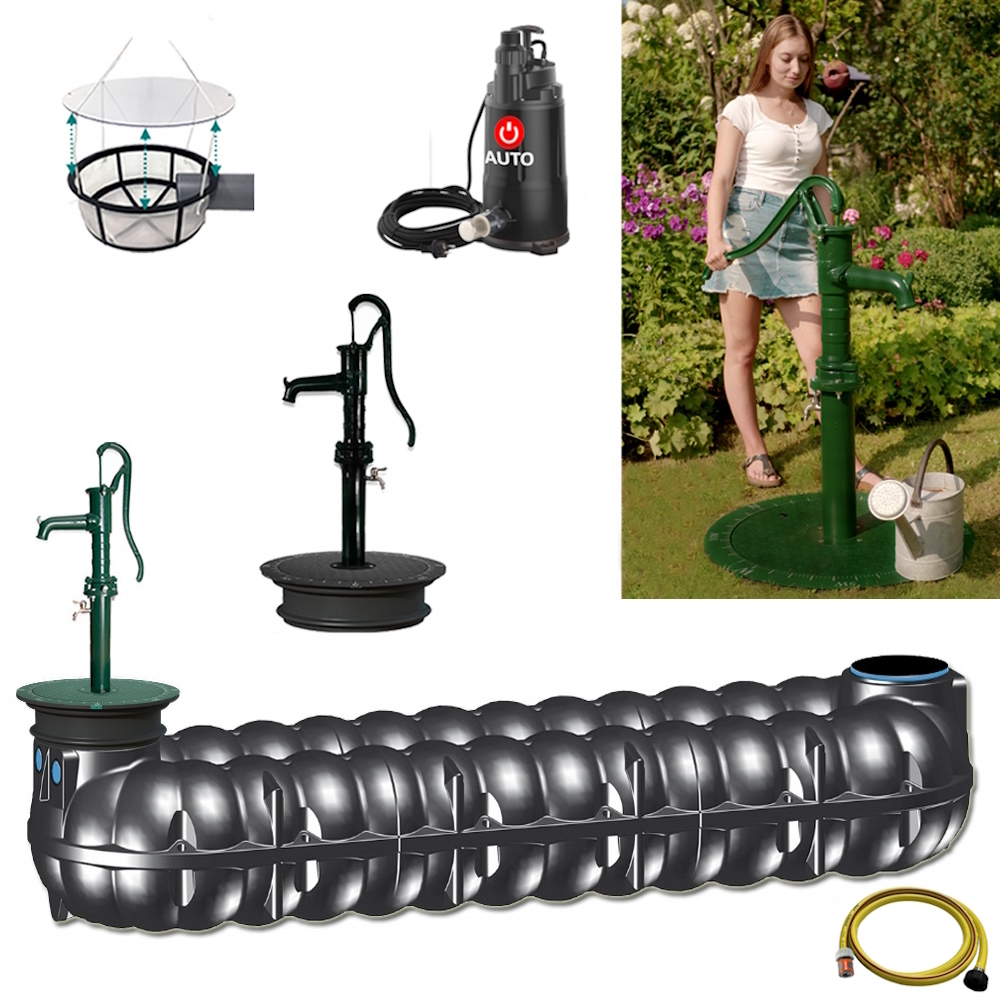 Lieferumfang mit 15.000-Liter-Flachtank, Schwengelpumpe, Filterkorb, Tauchpumpe und Schlauch sowie einem Anwendungsbild der kompletten Anlage.