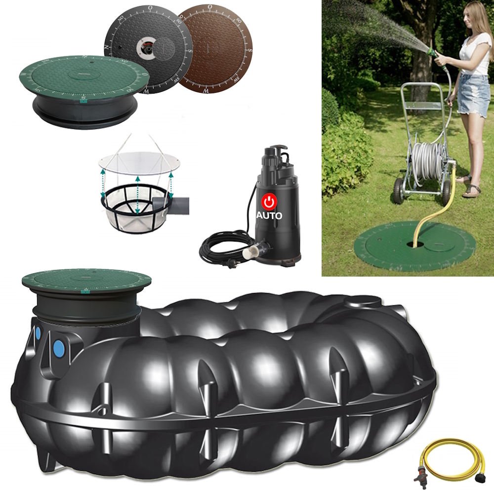 Lieferumfang mit NEO Flachtank 5000 Liter, Tauchpumpe, Schlauch, Filterkorb und Wasseranschluss im Deckel.