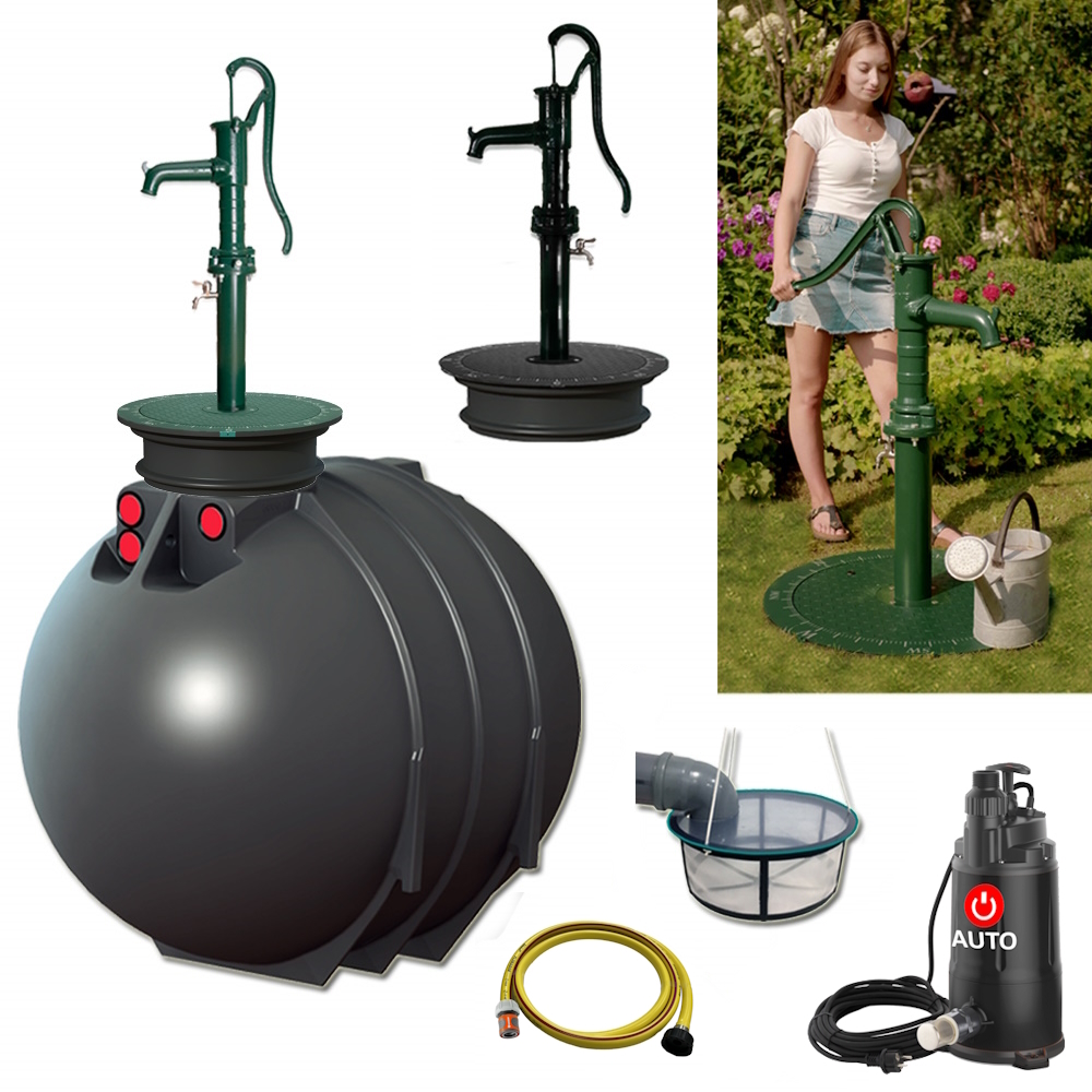 Lieferumfang mit Rundtank 4300 Liter, Schwengelpumpe in grün oder schwarz, Filterkorb, Tauchpumpe und Schlauch sowie einem Anwendungsbild der Anlage.