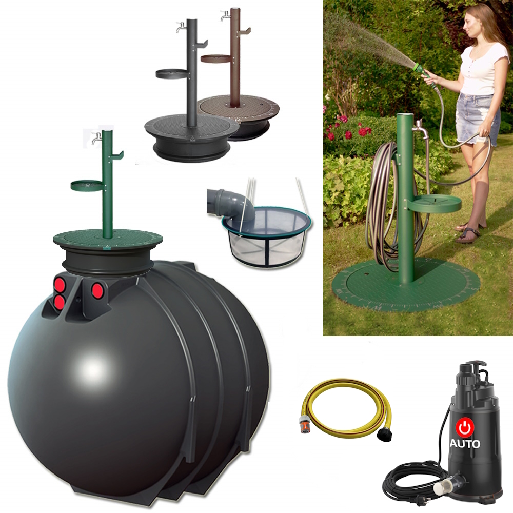 Lieferumfang mit Rundtank 4300 Liter, Zapfsäule in grün, anthrazit oder braun, Tauchpumpe, Schlauch und Filterkorb.