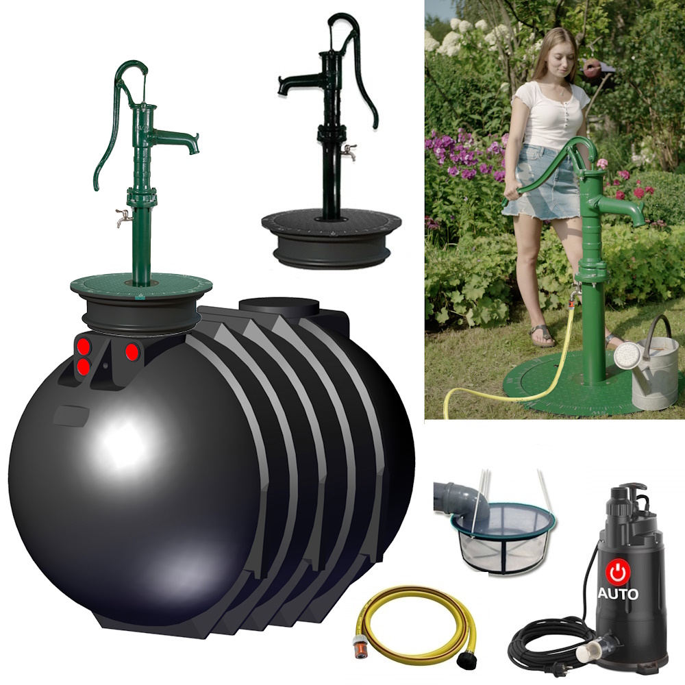 Lieferumfang mit Rundtank 10000 Liter, Schwengelpumpe in grün oder schwarz, Filterkorb, Tauchpumpe und Schlauch sowie ein Anwendungsbild der Anlage