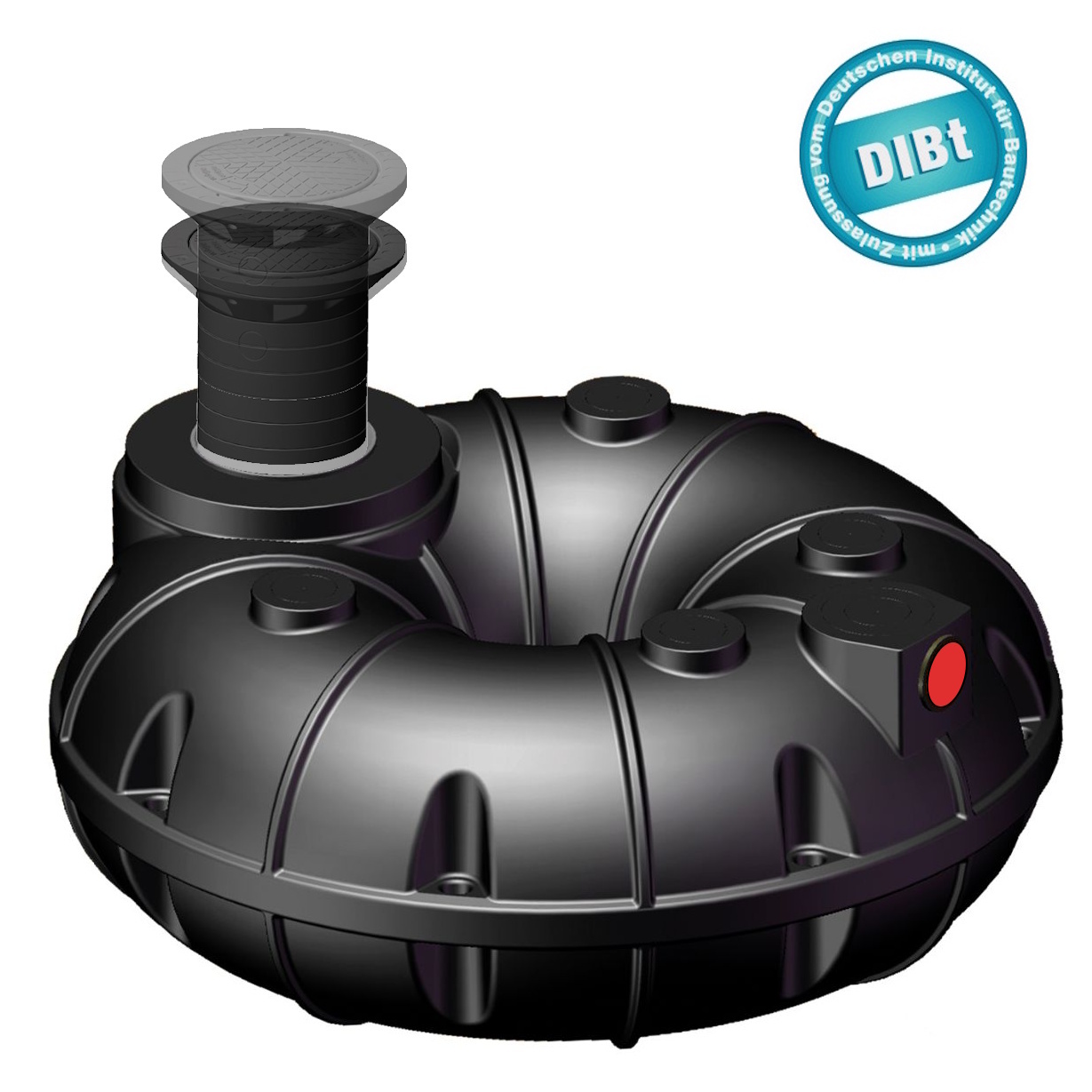 Ein flacher 1500 Liter Abwassertank schwarz mit Schacht und Deckel