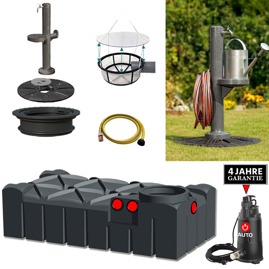 Ein flachter Tank mit Zapfsäule aus Kunststoff mit DEckel, Schacht, Schlauch, Filter und Pumpe