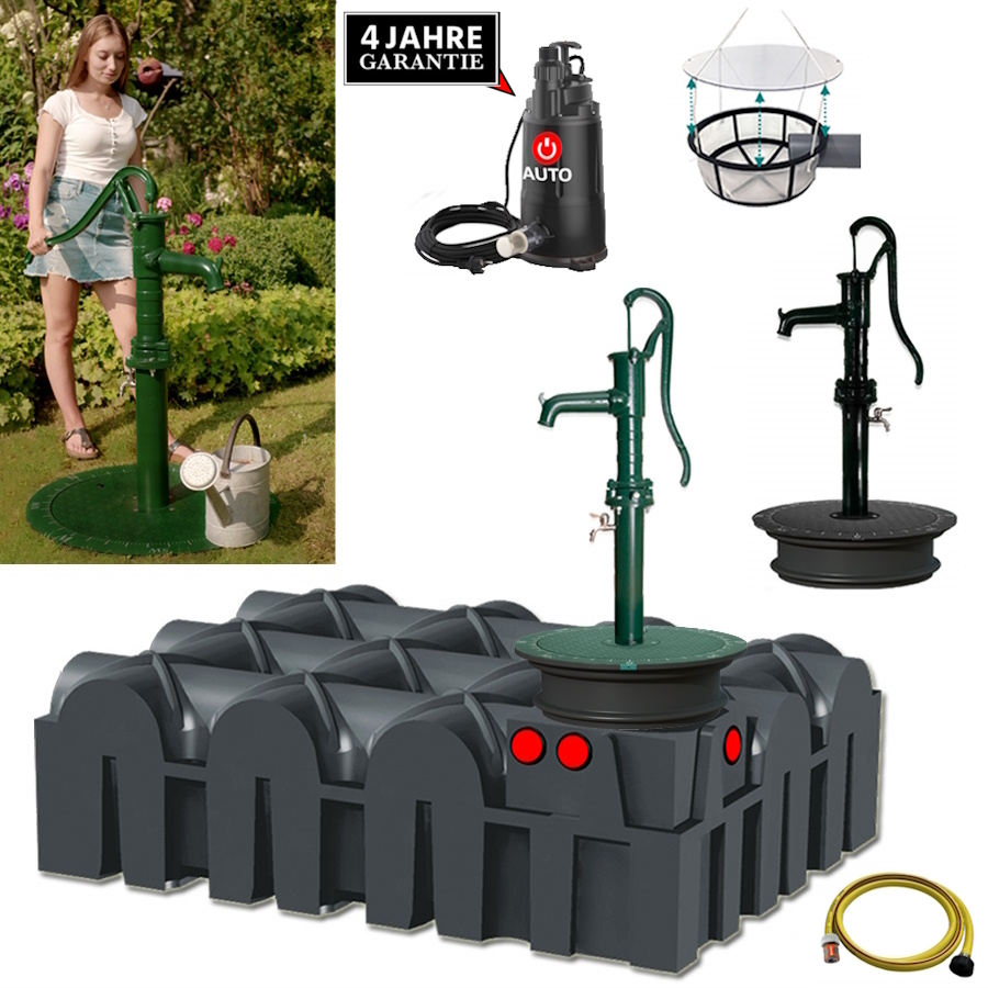 Schwarzer Flachtank mit Handschwengelpumpe, Schacht, Deckel, Schlauch, Filter und automatischer Pumpe