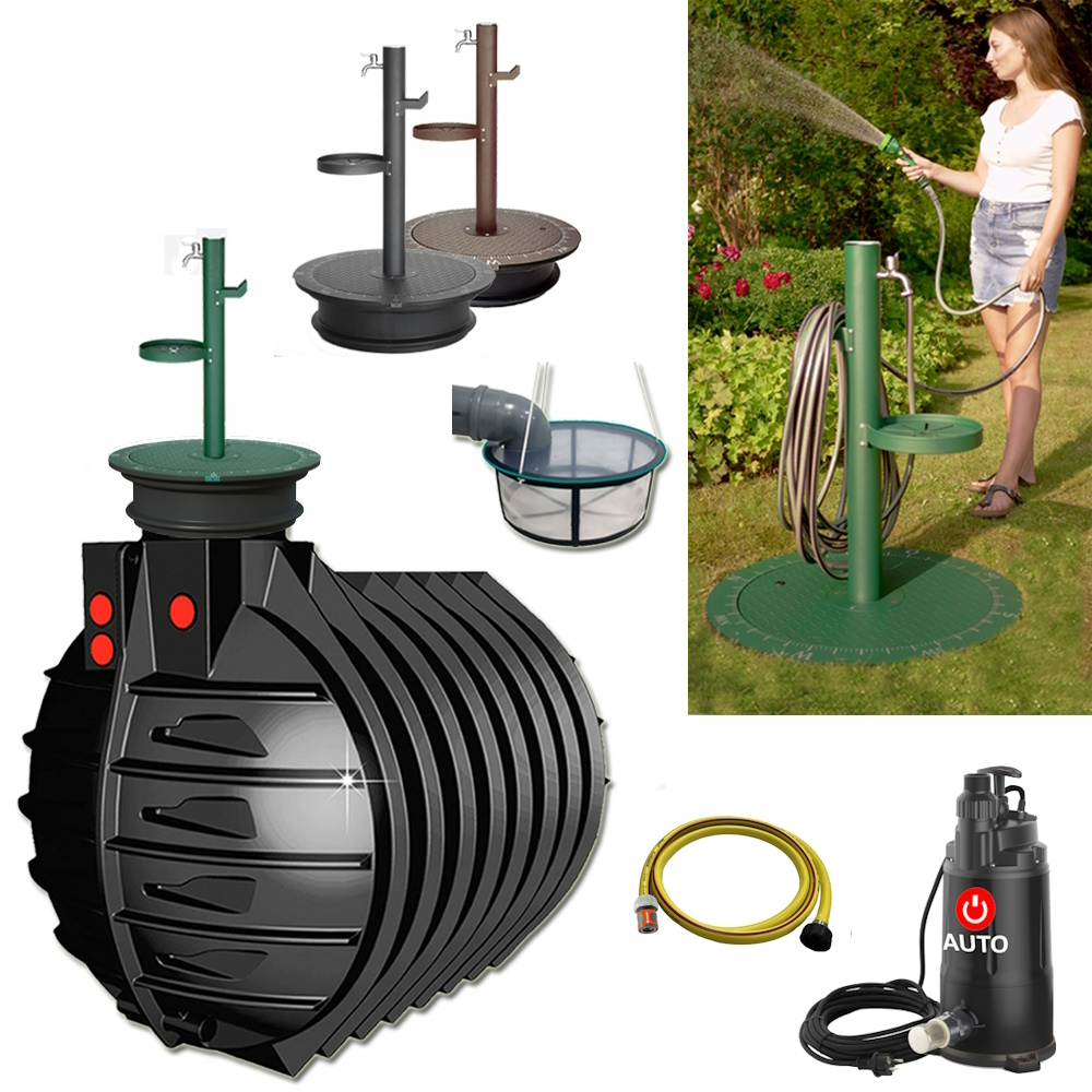 Lieferumfang mit Rundtank 7500 Liter, Zapfsäule in grün, anthrazit oder braun, Tauchpumpe, Schlauch und Filterkorb.