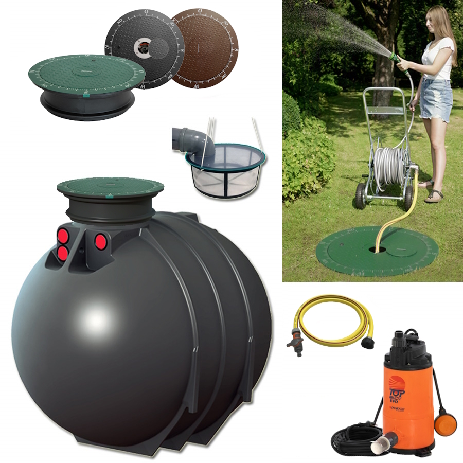 Lieferumfang mit zylindrischem Tank 4300 Liter, Tauchpumpe mit Schwimmerschalter, Schlauch, Filterkorb und Wasseranschluss im Deckel.