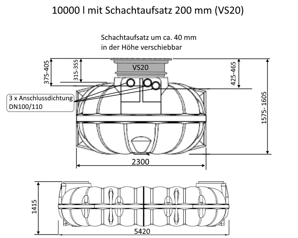 Abmessungen 10000 L Titan Flachtank Zisterne 