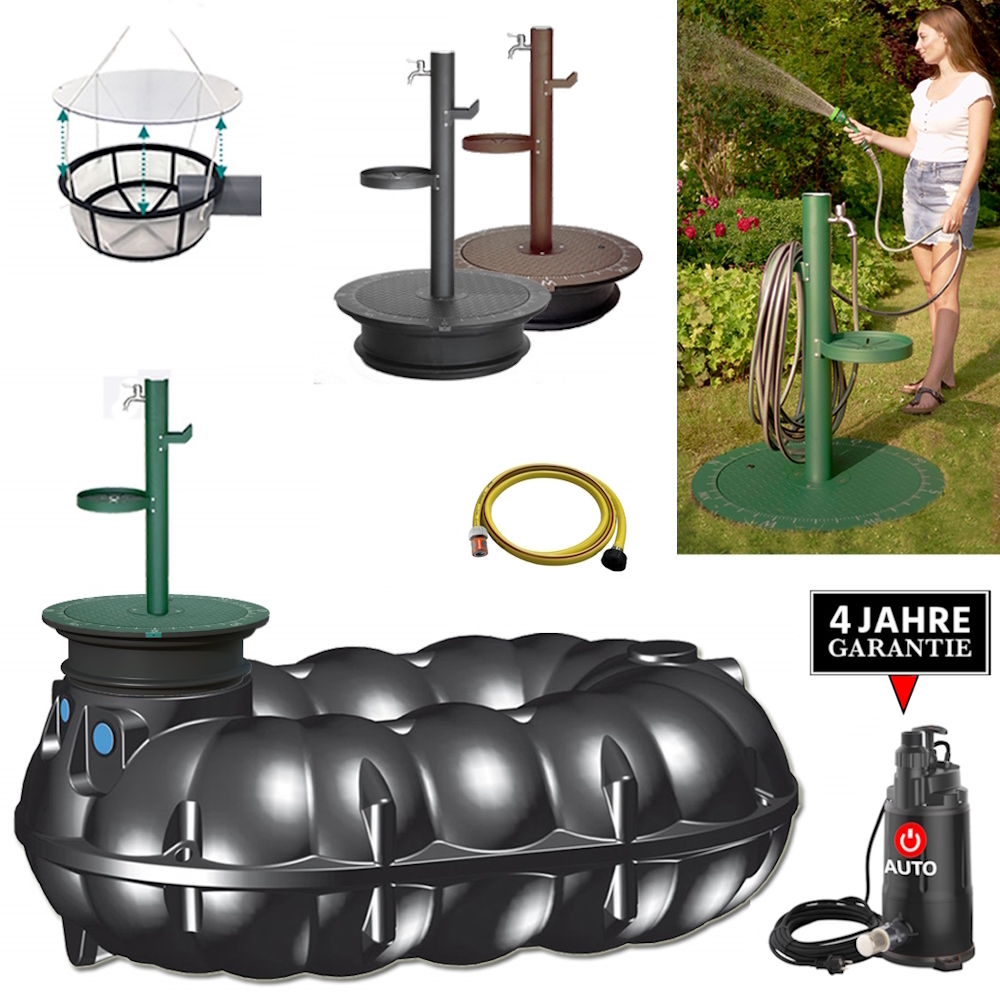 Ein flacher schwarzer Tank mit Stahl Zapfsäule, Stahldeckel, Filter, Schlauch, Schacht und automatischer Pumpe