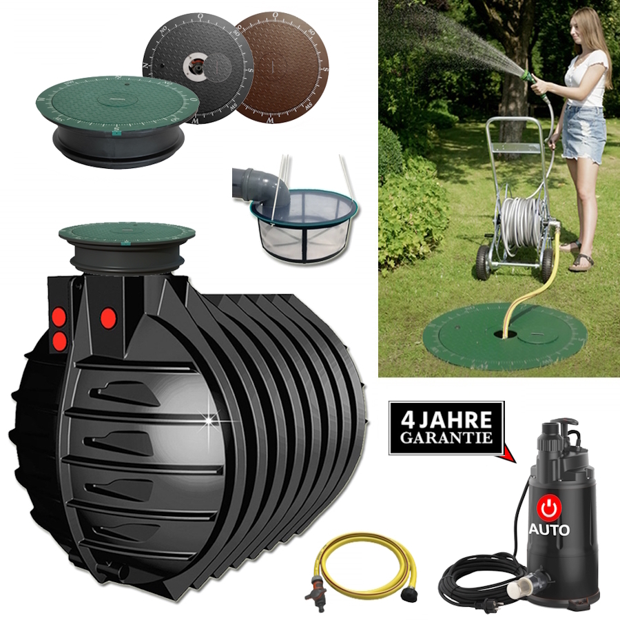 Ein schwarzer 7500 Liter Tank mit Deckel, Schacht, Schlauch, Filter und automatischer Pumpe