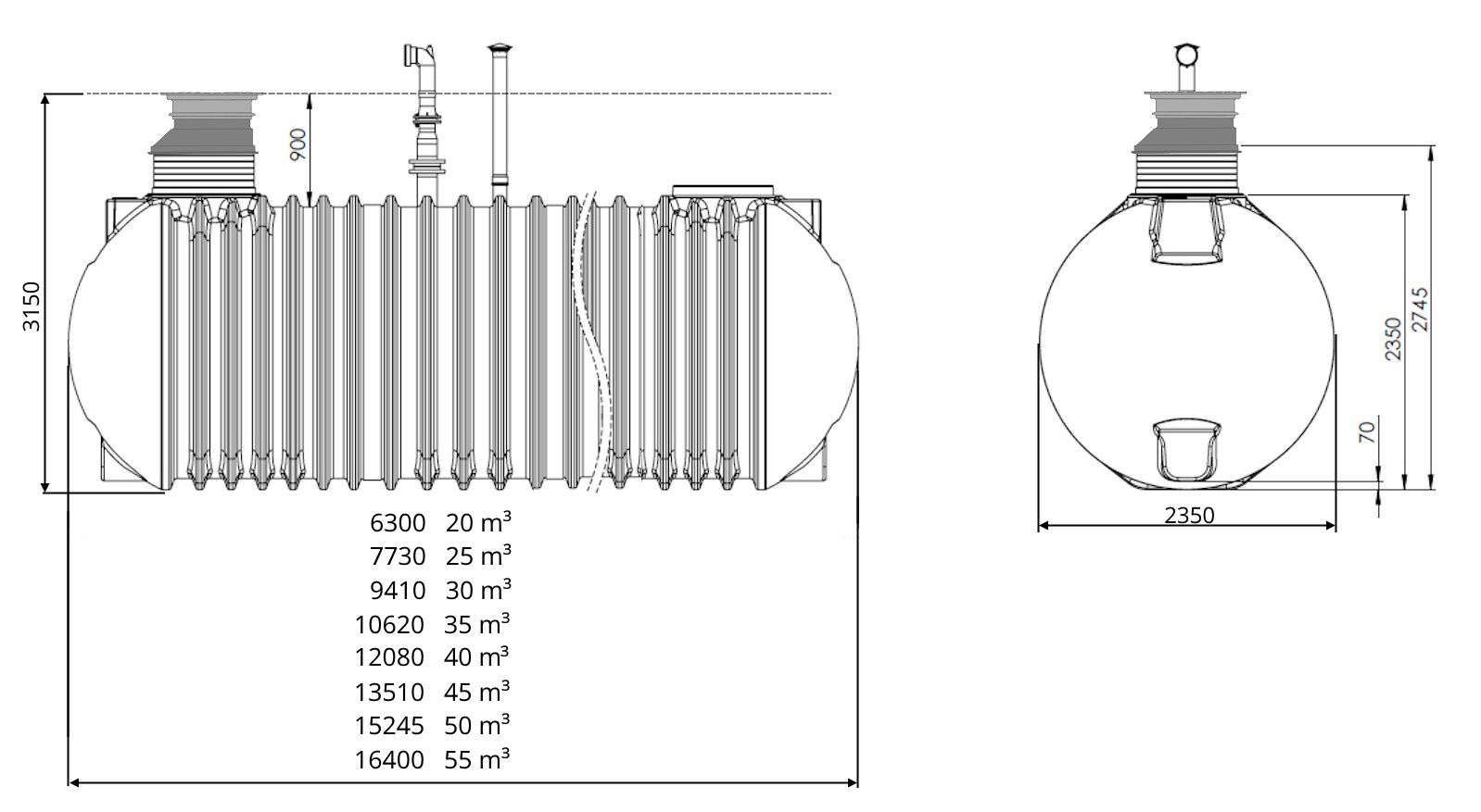 Alle Abmessungen Löschwasserzisterne Classic 20000 bis 55000 Liter