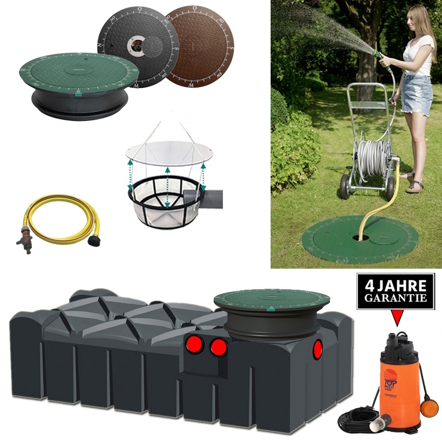 Ein schwarzer Kunststoff Flachtank mit Filter, Schacht, Deckel, Schlauch und manueller Pumpe