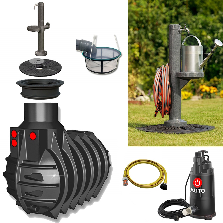 Lieferumfang mit zylindrischem Tank 3000 Liter, Tauchpumpe, Schlauch, Filterkorb und auf dem Tankdeckel montierte Kunststoff-Zapfsäule.