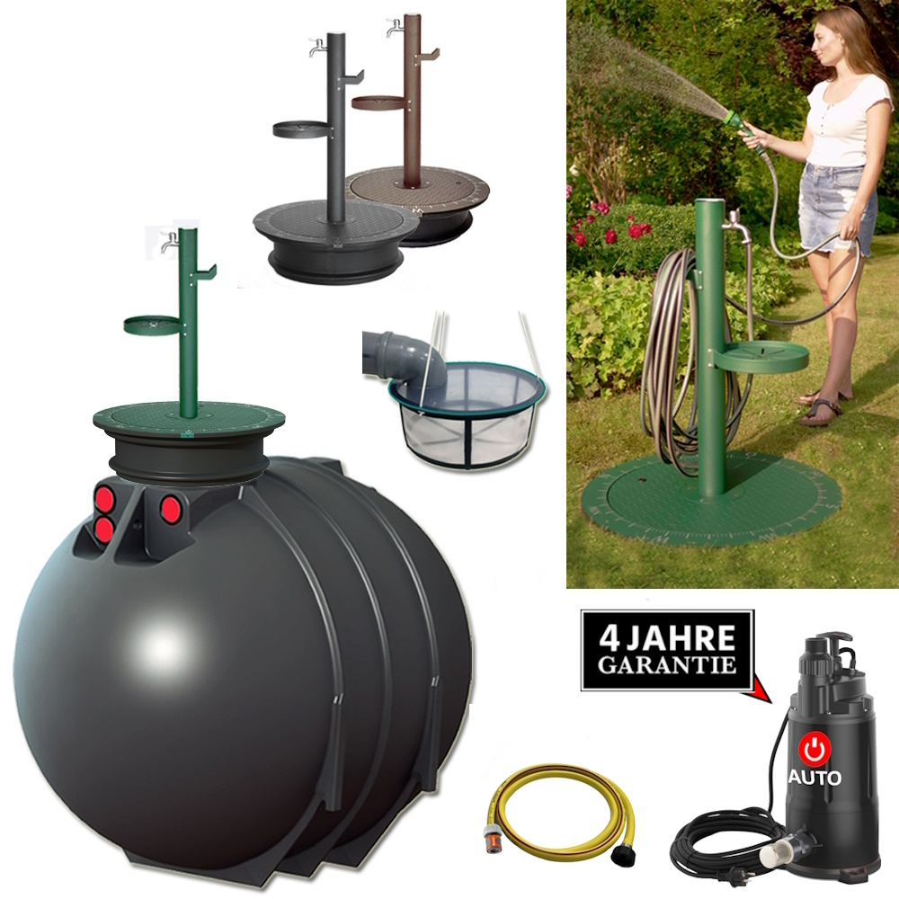 Ein runder schwarzer Kunstststofftank mit Pumpe, Schacht, Deckel, Schlauch, Filter und Stahlzapfsäule